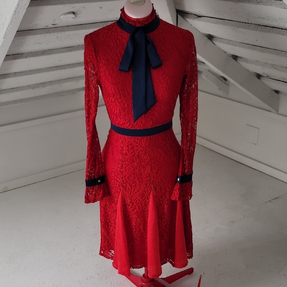 Elegant Red Lace Dress with Navy Accents